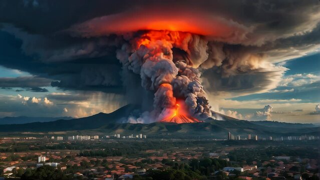 A volcano erupts, sending ash and debris into the sky. AI.