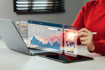 Business people using website or AI software technology analyze data and big data technology....