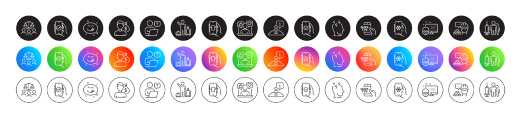 Financial app, Airport transfer and Cyber attack line icons. Round icon gradient buttons. Pack of Medical vaccination, Air conditioning, Approved app icon. Vector