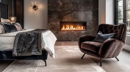 A bedroom with a stunning, wall-mounted fireplace, a contemporary bed, and a plush, velvet armchair