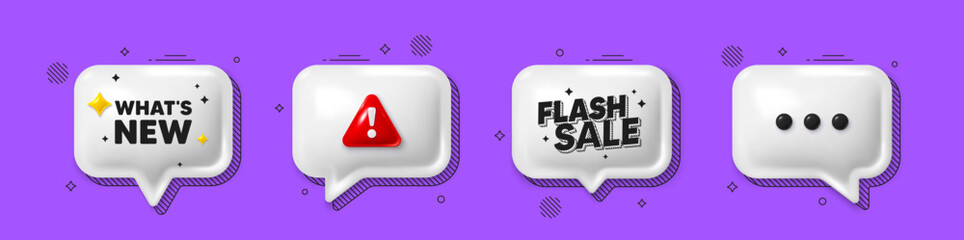 Offer speech bubble 3d icons. Whats new tag. Special offer sign. New arrivals symbol. Whats new chat offer. Flash sale, danger alert. Text box balloon. Vector