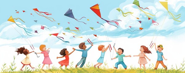A group of diverse children flying kites in a wideopen field, joyous, colorful illustration