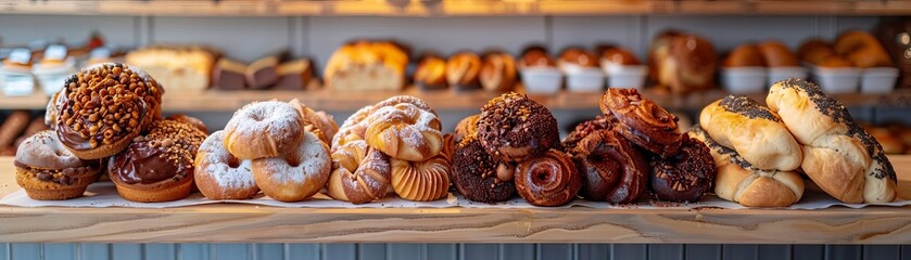 A variety of donuts and pastries are on display at a bakery.