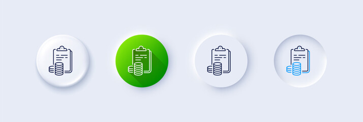 Accounting line icon. Neumorphic, Green gradient, 3d pin buttons. Clipboard document sign. Budget report symbol. Line icons. Neumorphic buttons with outline signs. Vector