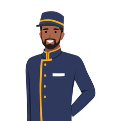 Young black male valet stand by parking. Flat vector illustration isolated on white background