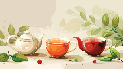 Cups of hot tea and teapot on light background Vector