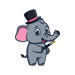 cartoon illustration design of a cute and kawaii elephant playing magic