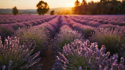 Obraz premium Serene lavender meadow aglow in the calming light of sunset.