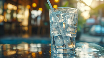 A clear glass filled with ice cubes and water, accompanied by a straw and condensation on the...