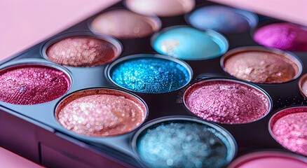 Naklejka premium Palette with multicolored cosmetic eyeshadows for women. On a delicate background.