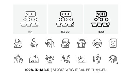 Public Election, Vote Box, Ballot Paper icons. Voting line icons. Candidate, Politics voting and People vote. Government election, Raised hands, Document checklist. Online poll result. Vector