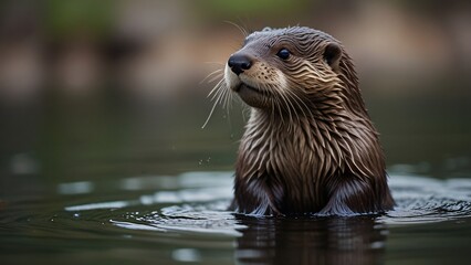 cute  wild otter in river with blurr background