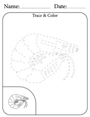 Shrimp Printable Activity Page for Kids. Educational Resources for School for Kids. Kids Activity Worksheet. Trace and Color the Shape