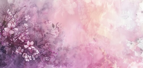 Fototapeta premium Beautiful watercolor background showcasing delicate floral patterns in pink and purple, spring theme, whimsical, Composite, botanical design backdrop