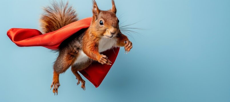 Flying squirrel in superhero cape on gradient pastel background with ample space for text placement