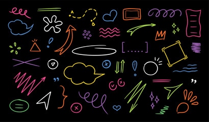 Sketch underlines, emphasis, icons, speech bubbles, arrows and shapes. Hand drawn brush stroke, highlight, underline, sparkle element. Vector illustration on black background