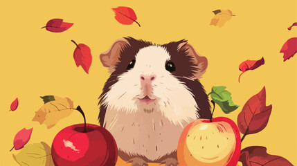 Cute guinea pig with apples on yellow background Vector
