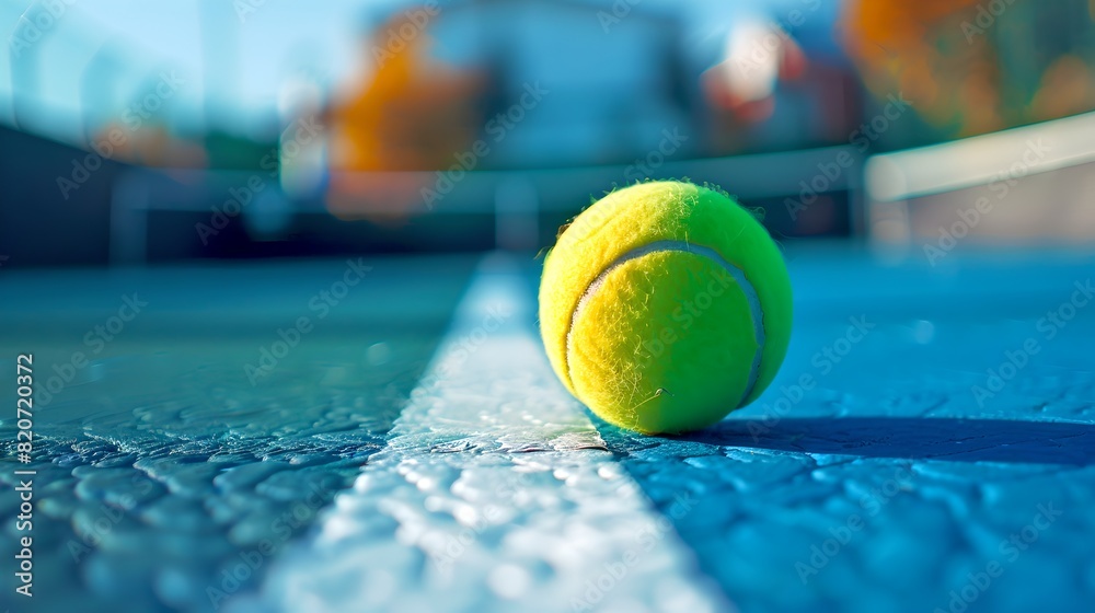 Wall mural bright tennis ball on outdoor court. focused perspective. ideal for sports advertising, fitness blog