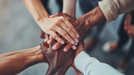 close up to multiracial people joining hands together, teamwork