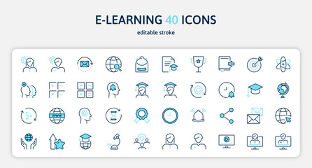 E-learning and education 40 line color blue icons set. Home schooling, online courses, exams, graduation, study. Isolated on a white background. Pixel perfect. Editable stroke. 64x64.