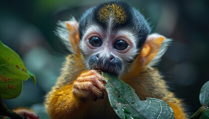 Squirrel Monkey Eating a Leaf in the Jungle