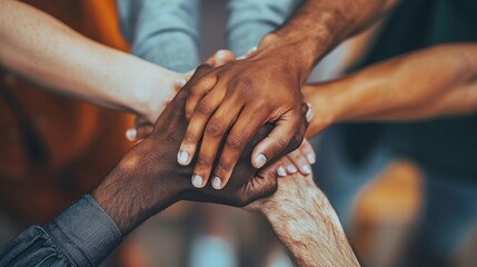 partnership, unity and diversity concept, close up to multiracial people joining hands together