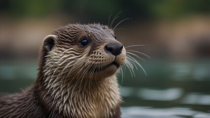 cute  wild otter in river with blurr background