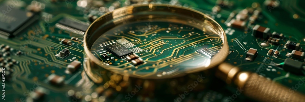 Poster close up of computer microchips under magnifying glass with ample space for text placement