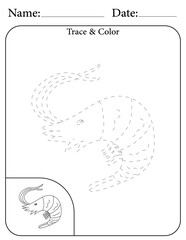 Shrimp Printable Activity Page for Kids. Educational Resources for School for Kids. Kids Activity Worksheet. Trace and Color the Shape