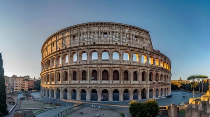 Fototapeta premium Beautiful panoramic view of the historic Colosseum in Rome, lit by golden sunlight. Scenic landscape photography at its best. AI