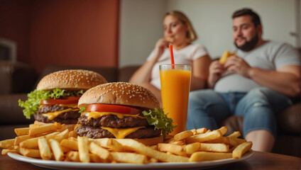 Hamburgers and fries in front of an overweight couple