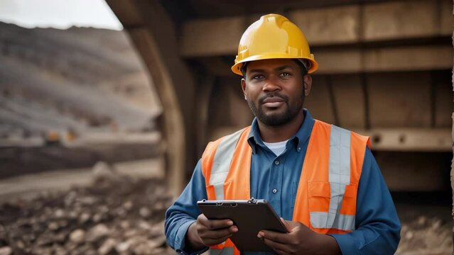 A mining African American engineer with tablet at a mine site. 