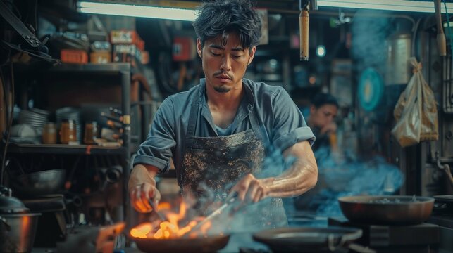 Asian Chef Mastering the Wok in Historic Shophouse