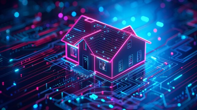 Smart Home Technology: Illustrate a smart home with interconnected devices, like voice-controlled assistants, smart lighting, and security systems, showcasing the convenience of modern living.