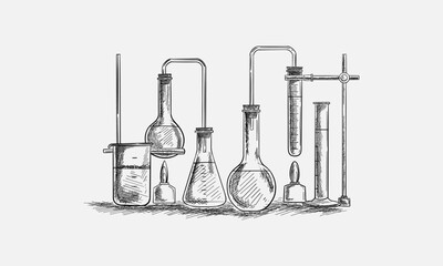 Chemical Laboratory still life sketch style vector illustration. Old hand drawn engraving imitation.