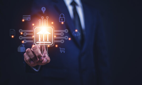 AI banking concept. Businessman requests business loan through the bank's AI system and creditworthiness qualifications are verified using the AI ​​system.