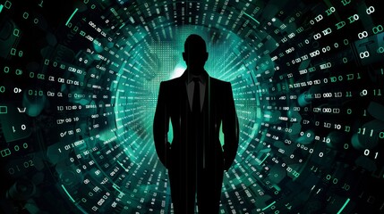 Artistic representation of a business man in silhouette form, with a cryptothemed background, meticulously designed to exclude any noise for a professional look