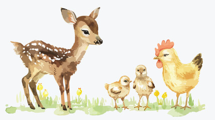 Deer Baby Fawn with Chickens Watercolor Isolated on