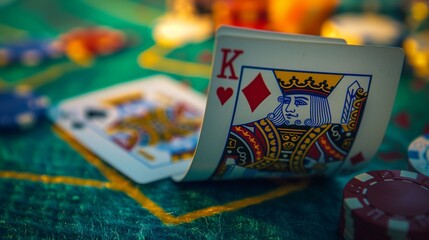 Fototapeta premium King card on green table with blurred background cards chips