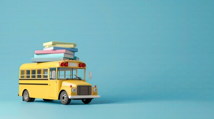 yellow school bus with blank colorful books stacked on top of the bus, pastel blue solid color background for back to school