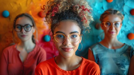 Obraz premium Three young multiracial women wearing glasses colorful clothing posing together against colorful background
