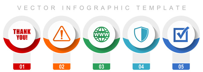 Internet icon set, miscellaneous vector icons such as thank you, warning, www, shield and vote, modern design infographic template, web buttons in 5 color options