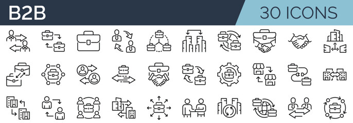 Set of 30 outline icons related to busines to business, b2b. Linear icon collection. Editable stroke. Vector illustration