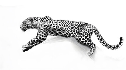Jumping leopard black and white ink illustration isolated on white background