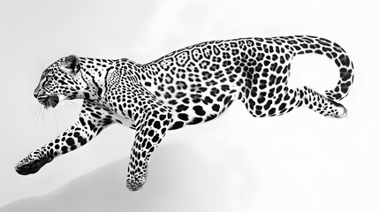 Naklejka premium Jumping leopard black and white ink illustration isolated on white background