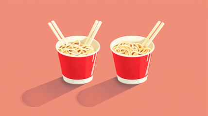 Two Ramen noodle instant cup with chopsticks.Generative Ai.