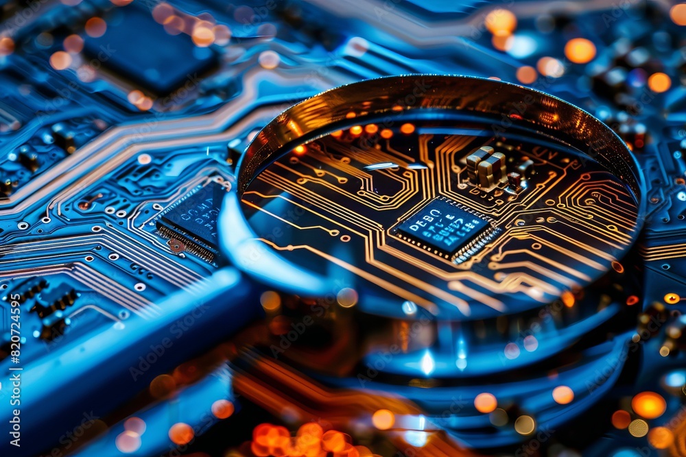 Poster macro view of computer microchips on circuit board magnified with ample space for text placement