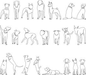 set of dogs in different sketch poses on a white background