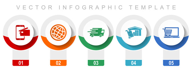 Commerce icon set, miscellaneous vector icons such as credit card, globe, truck, storage and online shop, modern design infographic template, web buttons in 5 color options