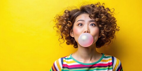beautiful thai woman with stylish hairstyle inflated chewing gum balloon space for text